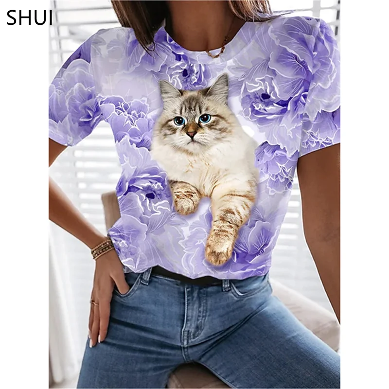 

Women Summer Short Sleeve Digital 3D Cat Printed O-Neck Tops T Shirt Femme T-Shirts топ kawaii clothes korean fashion футболки