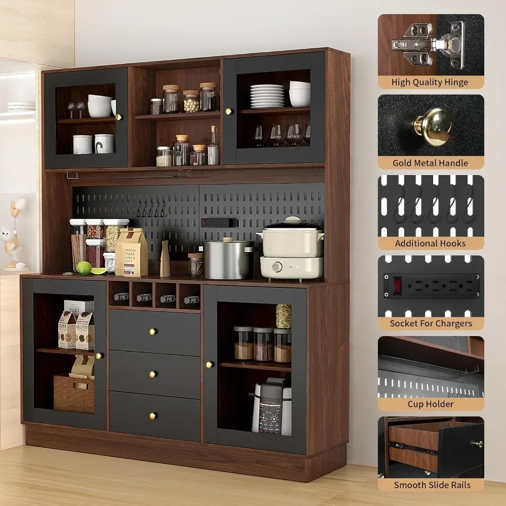 Wine Cabinet with Pegboard, Cup Holder, Power Outlet, 4 Doors & 3 Drawers, Microwave Shelf & Wine Rack, Freestanding Bar Cabinet