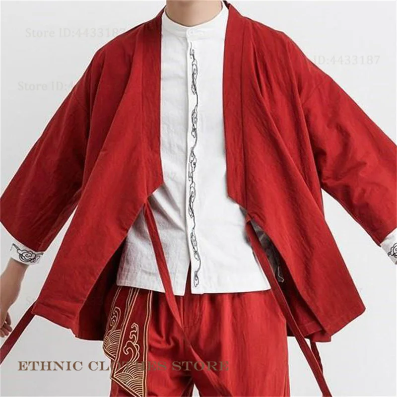 Plus Size Men's Kimono Cardigan Jacket Cotton Linen Japanese Yukata Haori Loose Open Front Hanfu Coat Samurai Costume Streetwear