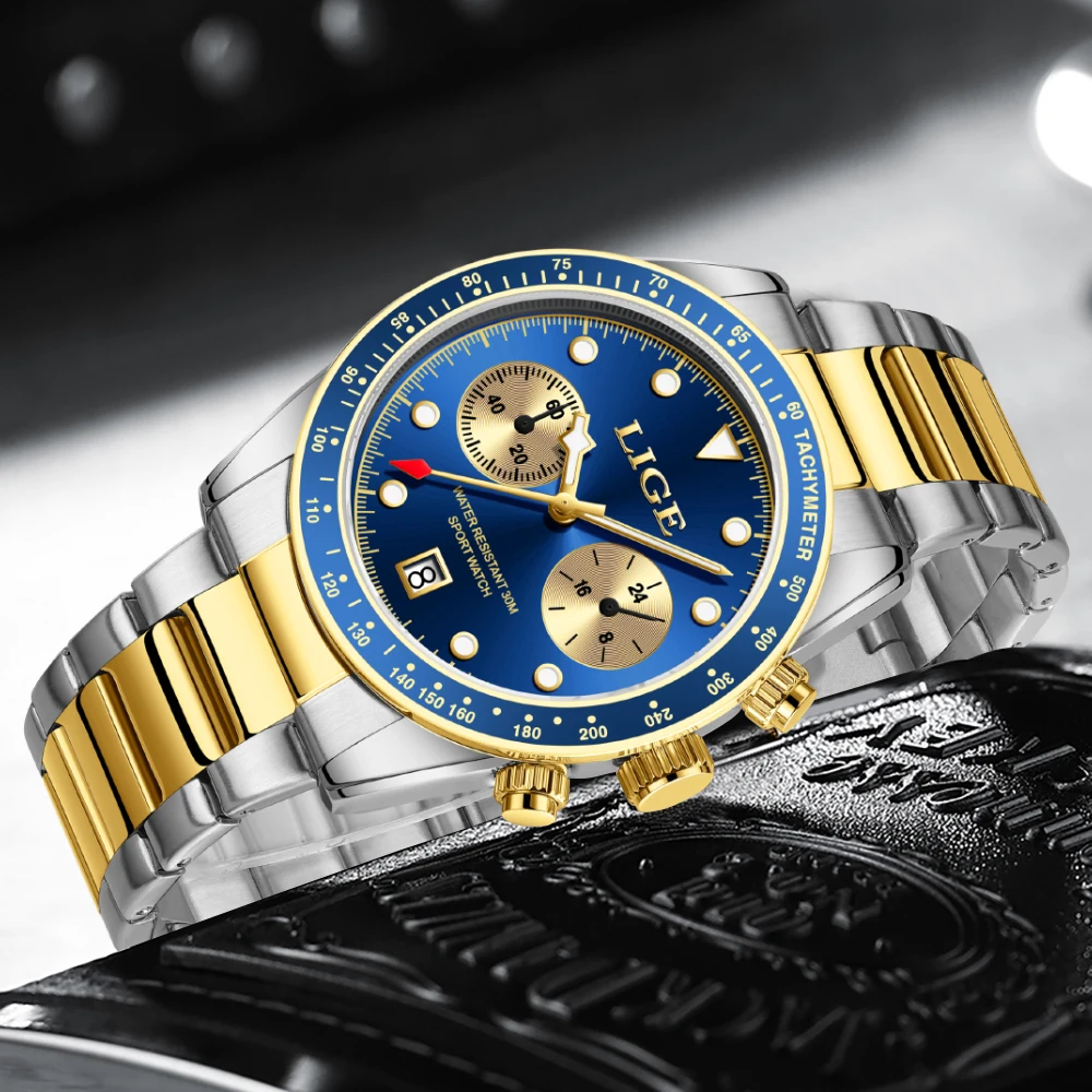 LIGE Top Brand Luxury Military Watch Men Fashion Sport Men Watch Business Full Steel Waterproof Chronograph Quartz Wristwatches