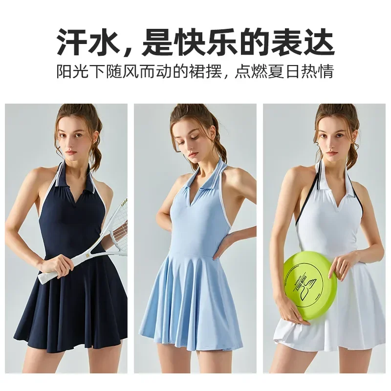 Hanging Neck Contrasting Color Lapel Tennis Sports Dress Women Yoga Vest with Chest Pad Fake Two Anti-light Outdoor Tennis Skirt