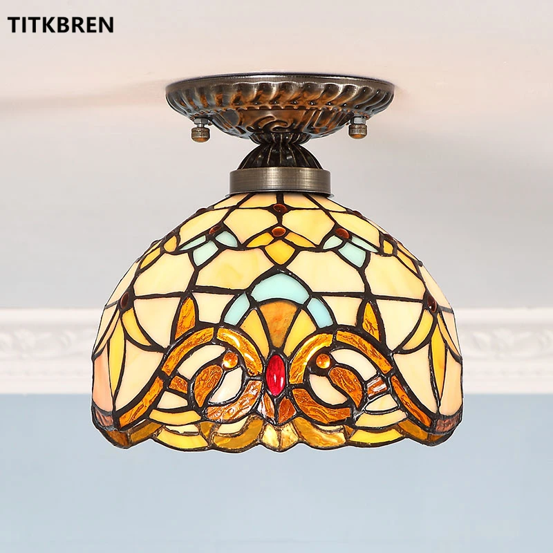 

Tiffany Style Stained Glass Lamp Shade Ceiling Light Mediterranean Baroque Art Aisle Loft Surface Mounted Home Lighting Fixtures