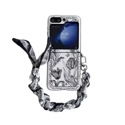 Fashion Flower Leather Scarf Bracelet Phone Case - Full Coverage with 2 - in - 1 Design - Galaxy Z Flip8 (Black white)
