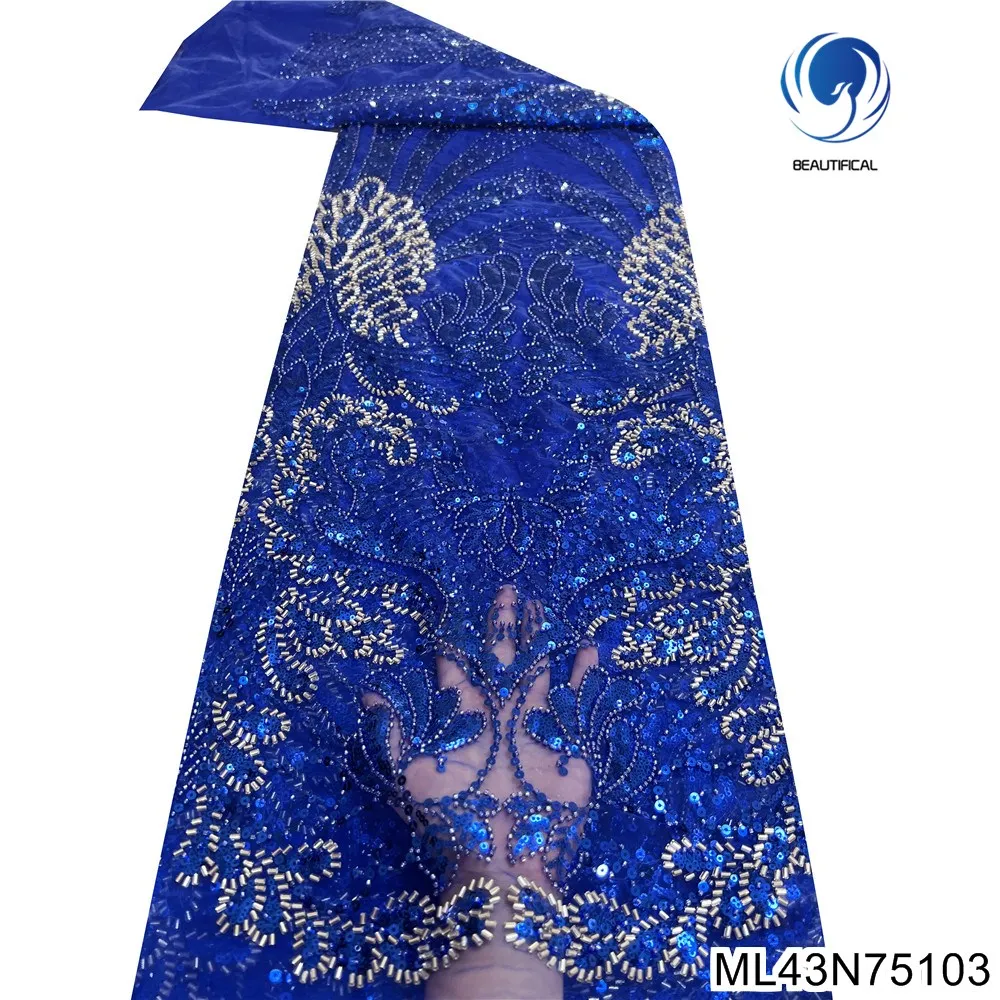 

2023Fashion Gorgeous Top Quality Royal Gem Blue African Sequins Lace with French Heavy Beaded Lace Fabric for PartyDressML43N751