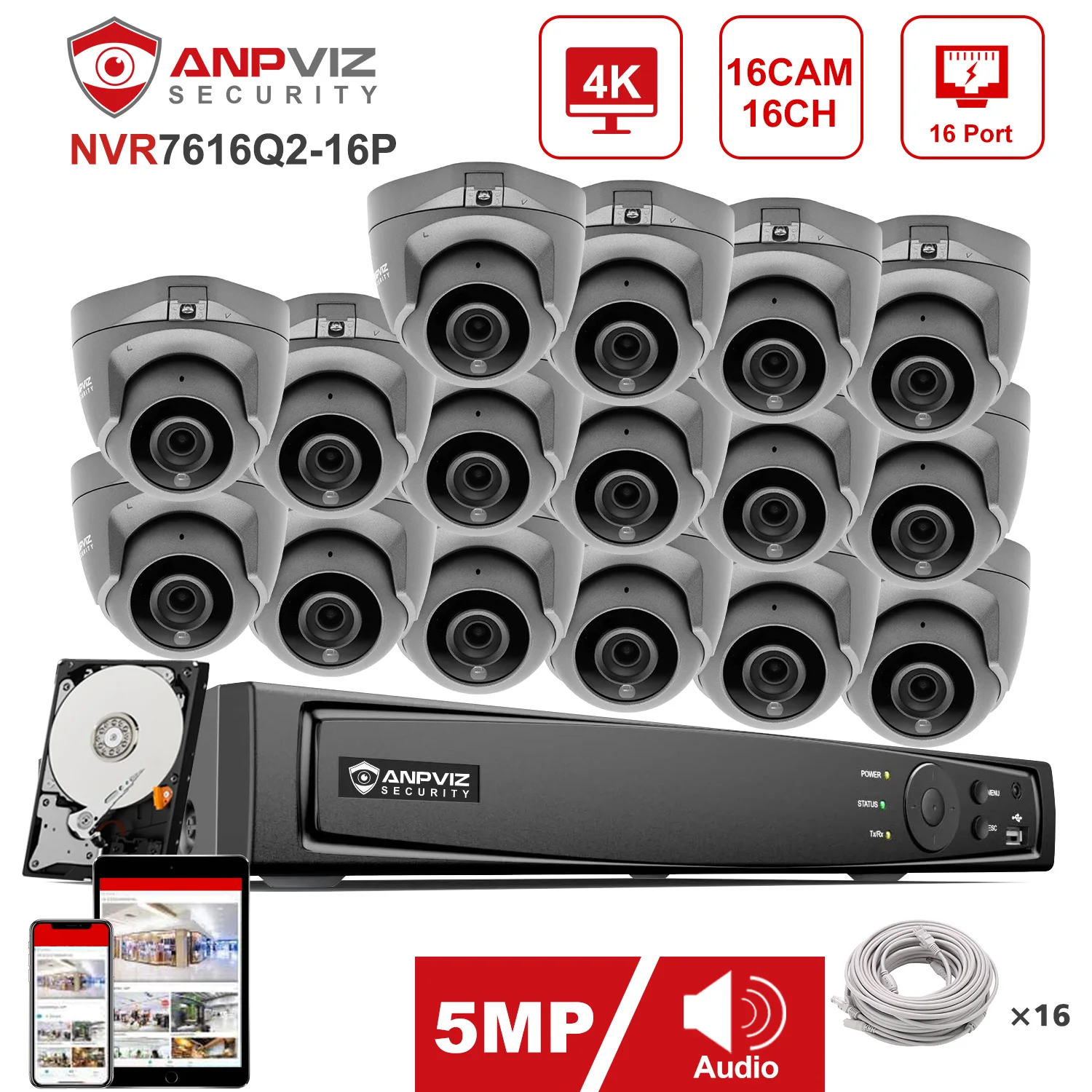 

Anpviz Security Protection 5MP Mini IP Camera System 16CH 4K NVR 16pcs Camera Indoor CCTV Security System P2P View Gray