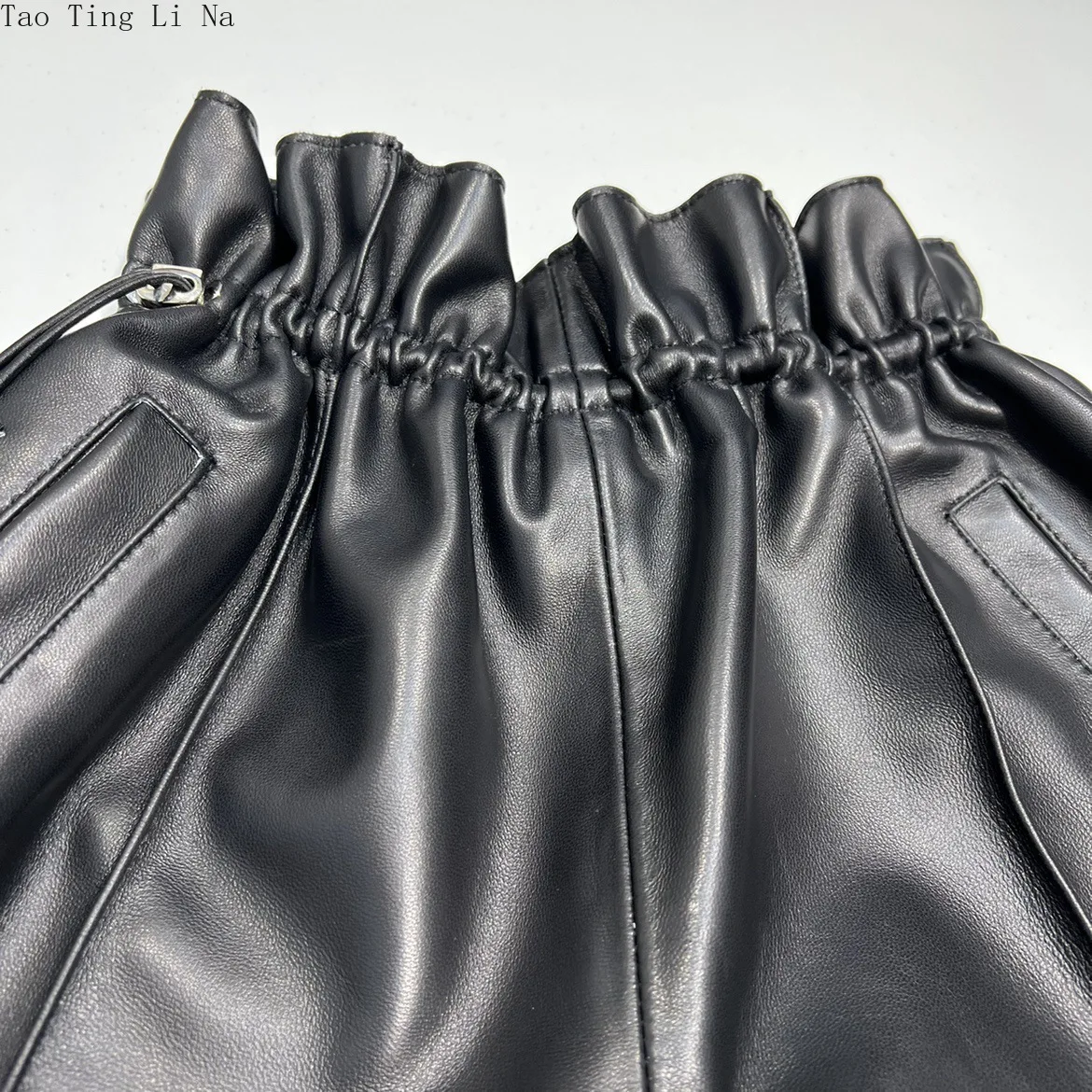 Tao Ting Li Na Autumn New Bud Drawstring Sheepskin Leather Shorts Elastic High Waist Wide Leg Shorts G14