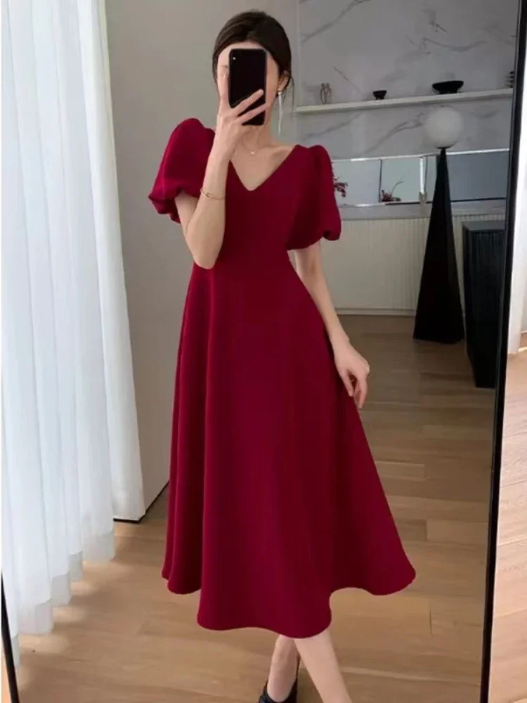 

Dresses Summer V-neck Bubble Sleeve High Waist Solid Color Long Dresses for Women Fashion Elegance Black Dress Women Clothing