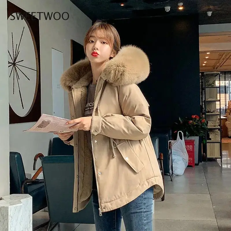 2022 New Fashion Velvet Liner Winter Jacket Women Big Fur Hooded Parkas Female Jacket Coat Warm Casual Loose Winter Outwear Tide