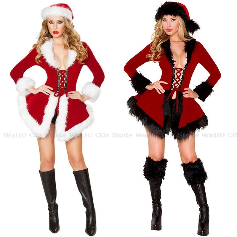 

Lady's Carnival Party Hooded Winter Christmas Cosplay Costumes Coat Adult Women Sexy Santa Claus Dress Hat Red Christmas Cap