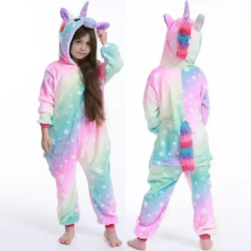 Kids Pajamas 4 8 10 12 14 16 Years Girls Jumpsuits Unicorn Pajamas Kigurumi Toddler Kids Hooded Flannel Home Wear Children Onesie