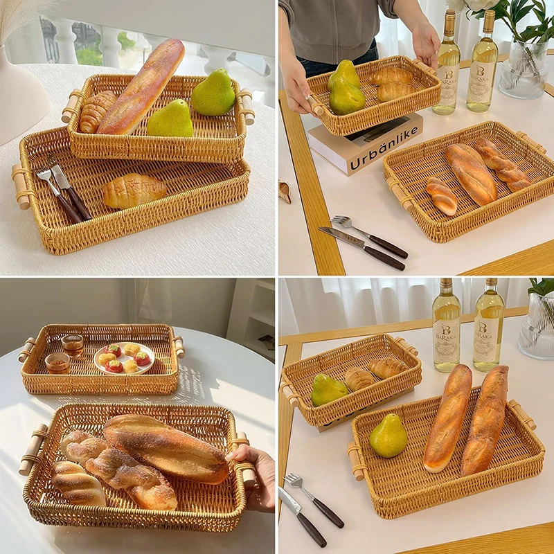 Handwoven Rectangular Plastic Serving Trays with Handles, Woven Wicker Bread Fruit Snacks Food Serving Baskets for Home Kitchen 6