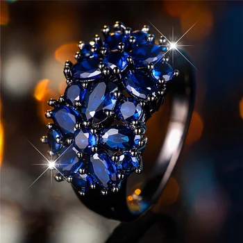 Luxury Female Blue Oval Zircon Stone Round Finger Ring Vintage Black Gold Color Wedding Band Bridal Jewelry For Women