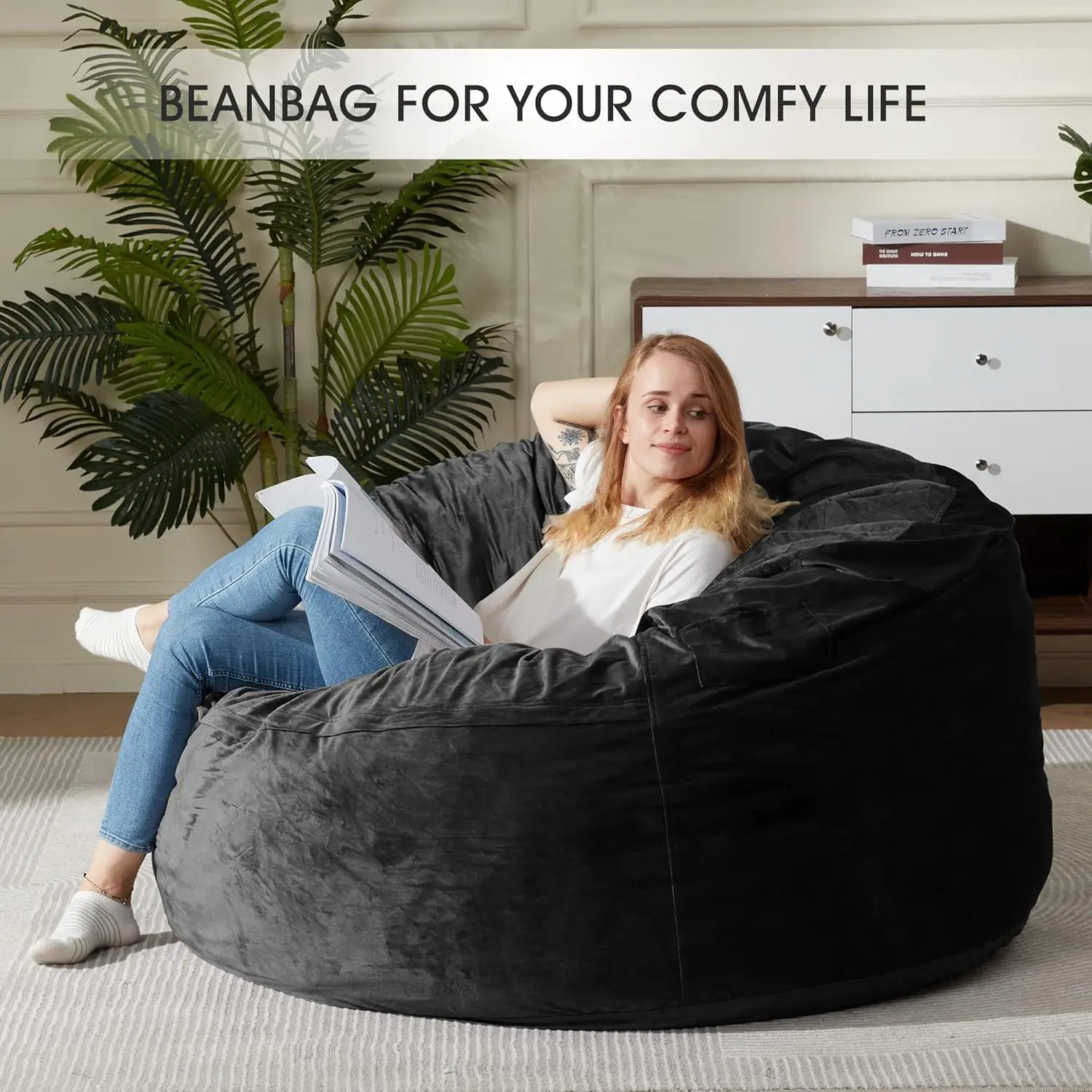 Bean Bag Chair: Large 5' Bean Bags with Memory Foam Filled, Large Beanbag Chairs Soft Sofa with Dutch Velet Cover(Black)