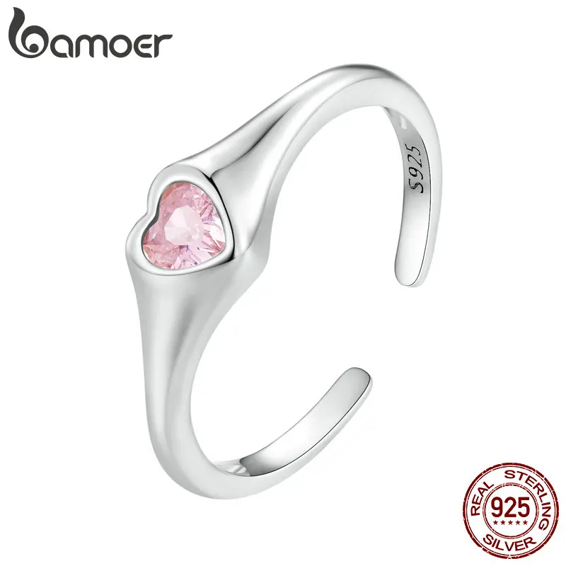 

Bamoer 925 Sterling Silver Pink Heart Open Ring Simple Pink Heart Rings For Women Fine Jewelry Anniversary Birthday Party Gift