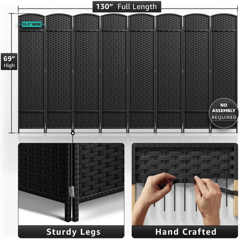 8-Panel Black Room Divider with Double Hinged Panels, 6 ft Tall Folding Privacy Screen 5