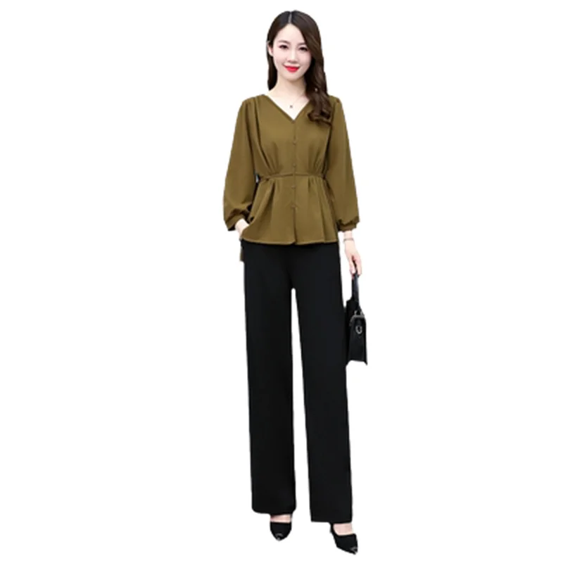 2023 Spring Clothes New Temperament Casual Foreign Style Waist Closed Professional Shirt Two-piece Women's Wide Leg Pants Suit X
