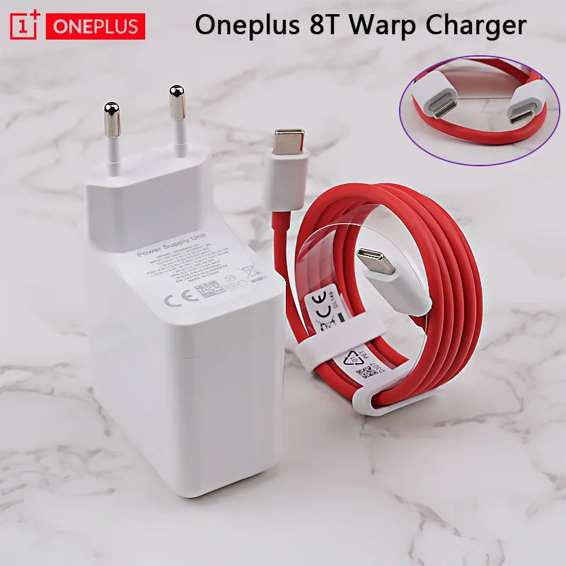Оригинальное зарядное устройство OnePlus 8 T Warp Charge 65 белое стандарта ЕС и США кабель