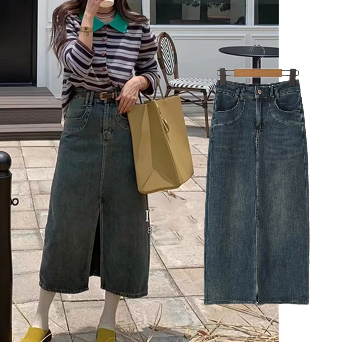 Withered Ins Fashion Blogger High Street Slit Denim Skirt High Waist Retro Washed Old Straight Midi Skirt Female