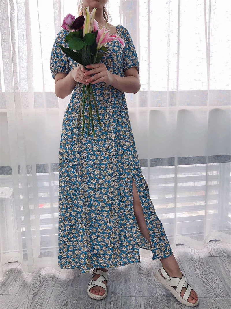 

Женское плиссированное платье миди, облегающее платье с коротким рукавом, цветочным принтом и квадратным вырезом сзади, лето