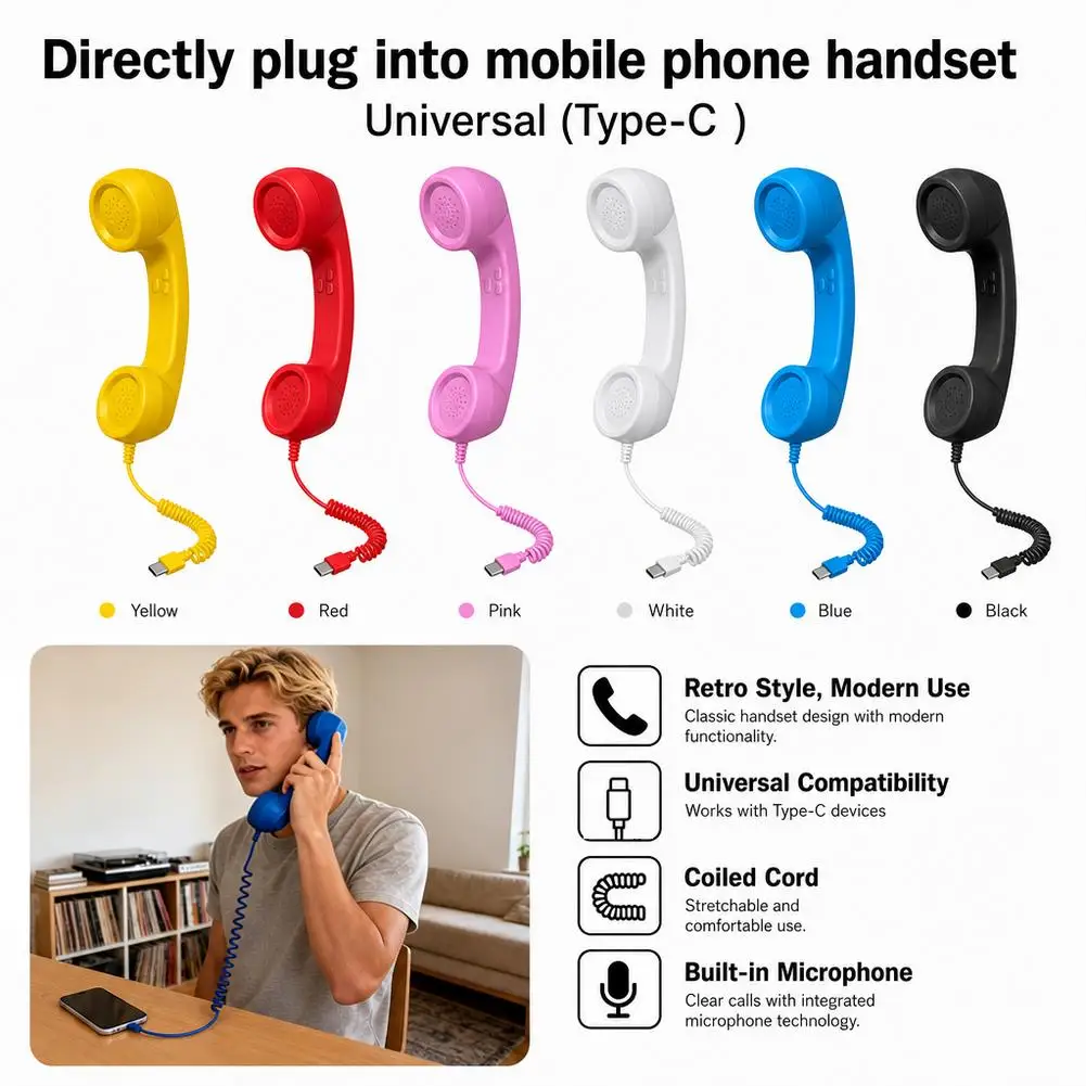 Reimagined Type-C Phone Handset with Microphone - Tangle-Free Telephone Style Receiver