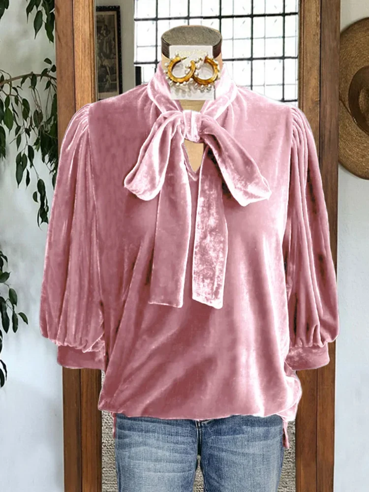 

Velvet Puff Sleeves Knotted Neckline Top Pink Velvet Flare Sleeve Top, Vintage Crew Neck Top For Spring & Fall, Women's Clothing