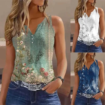 2024 New Casual Small Vest T-shirt Suspenders Woman Clothes Fashion V-neck Painted Grace Top Ladies Tank Top Camisole for Summer 1