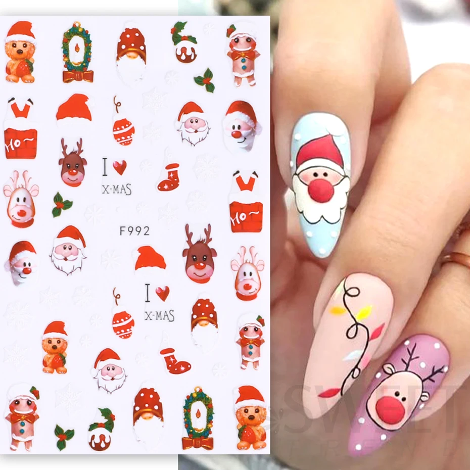 Merry Christmas Nail Art Sticker 3D Sliders Deer Santa Claus Decals New Year Nails Decorations Stickers For Manicure Accessories