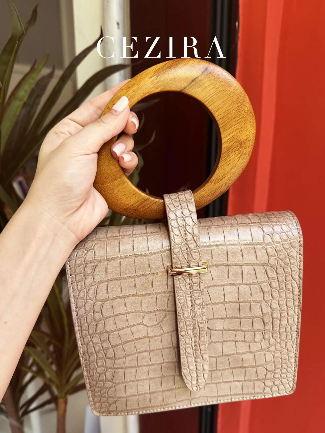 CEZIRA Top-handle Square Purses Women Fashion Wooden Handle