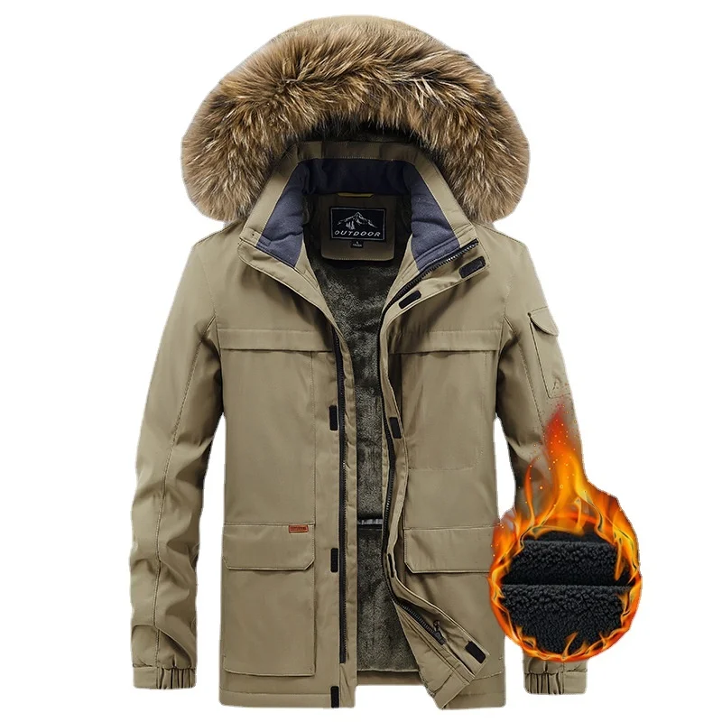 

Winter Parkas Hooded Jackets Men Solid Color Larger Pocket Fur Collar Fleece Warm Thicken Jacket Windproof Casual Outdoor Coats