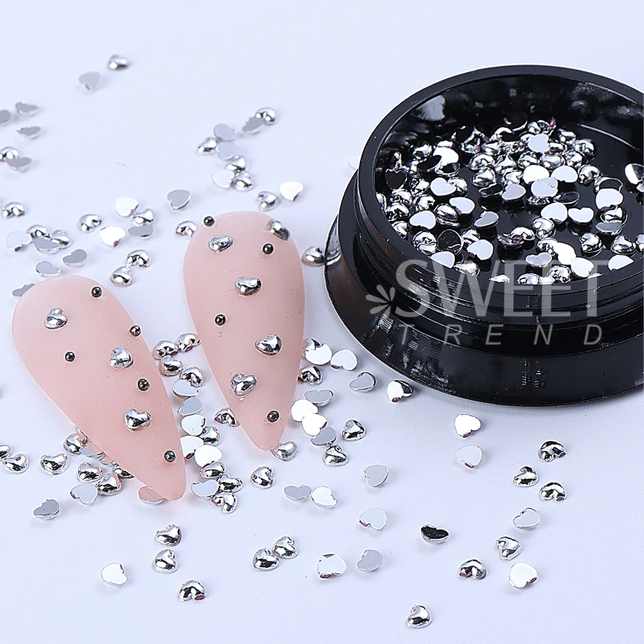Silver Heart Nail Art Charm 3D Metal Diamond Flat Heart Love Nail Jewelry Luxury Manicure Decoration Accessories Nail Supplies 2