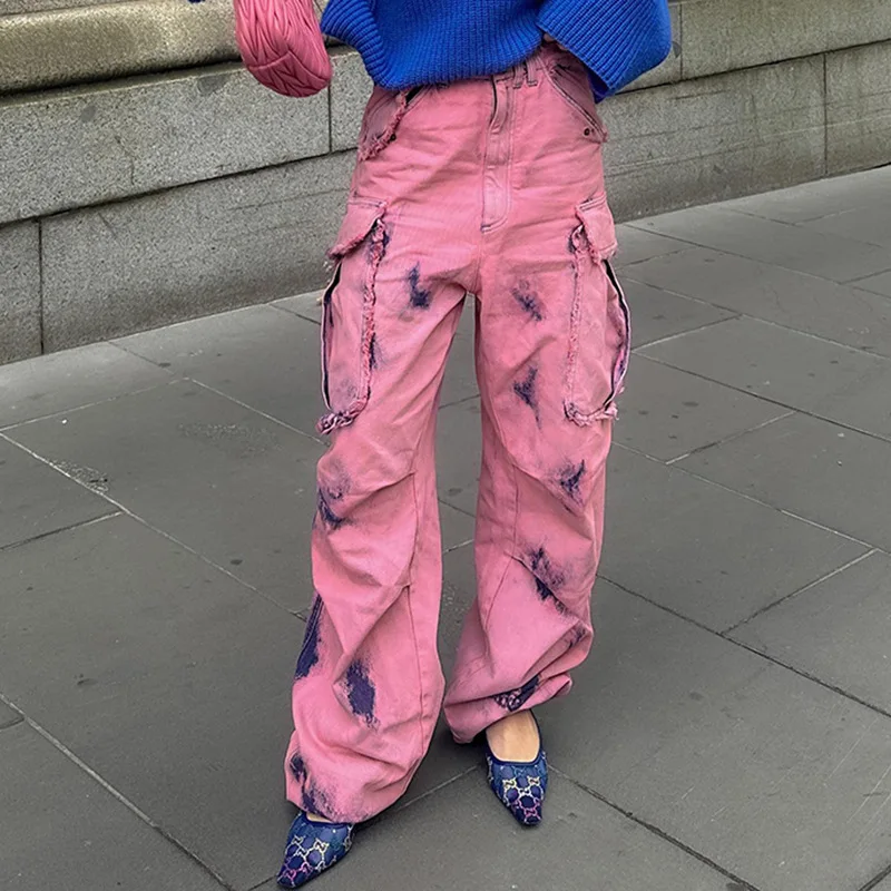

Streetwear Cargo Pants Women Jeans Vintage Graffiti Print High Waist Baggy Trousers Washed Wide Leg Pocket Straight Denim Pants