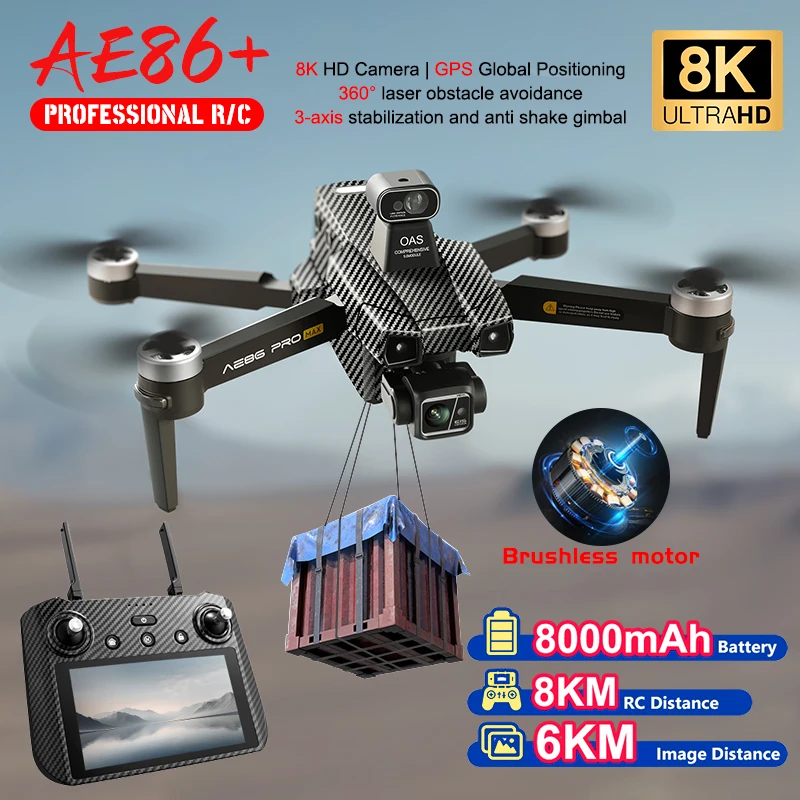 Professional AE86+ PRO MAX 8K HD GPS Drone 3-axis GIMBAL 5G Digital Transmission 360 Laser Obstacle Avoidance Quadcopter Toy
