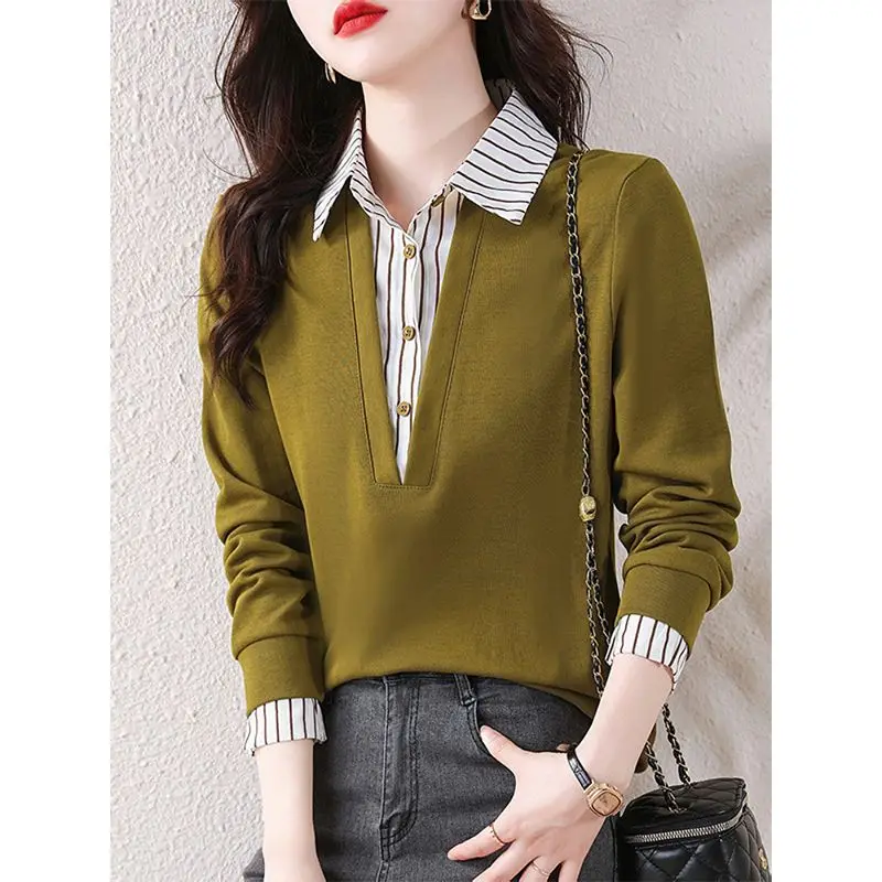 Fashion Lapel Button Spliced Striped Fake Two Pieces Blouse Women's Clothing 2023 Spring New Casual Pullovers Office Lady Shirt luxury women suits 3 pieces one button formal blazer pants vest feather bead peaked lapel plus size tailored mother of the bride