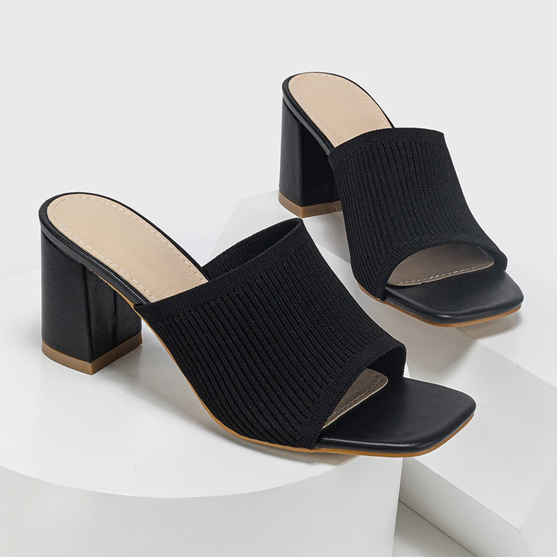 Square Toe Knitted Elastic Fabric Women's Slippers Thick Heels Pumps 35-42 Plus Size Comfortable Genuine Leather Shoes For Women