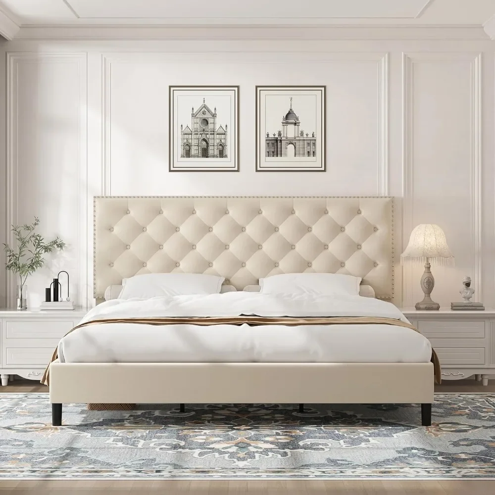 

Bed Frame, Modern Upholstered Platform Bed with Adjustable Headboard, Heavy Duty Button Tufted Bed Frame with Wood Slat Support