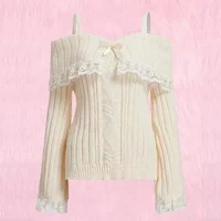 Women Off Shoulder Knit Sweater Pink Pullover Sweet Pullovers Long Sleeve Bow Lace Patchwork Jumpers Y2k Streetwear - Image 3
