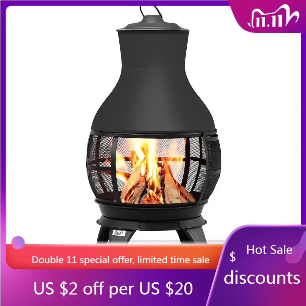 Fire Pit Wood Burning Chiminea Outside Fireplace Patio Small Firepit, Size 17.7" W x 35.6" H, Brown-Black
