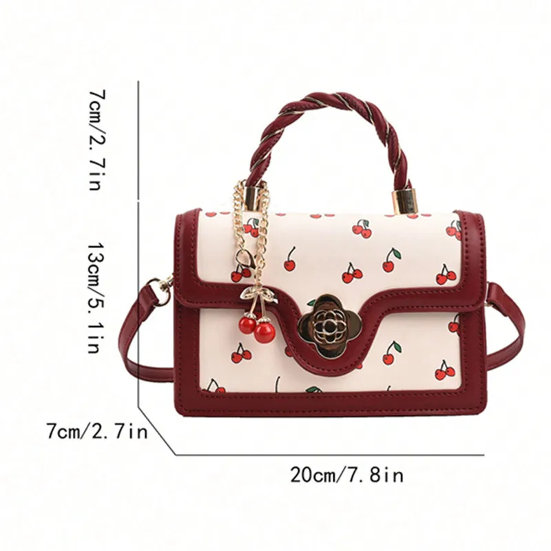 High End Pu Cherry Print Square Tote Bag, Versatile Stylish Shoulder Crossbody Bags for Women Teen Girls Shopping, Work, Dating