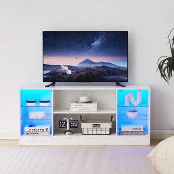 High Gloss White TV Cabinet with LED Lighting TV Cabinet TV Table with Glass Shelf Living Room Furniture Table Board