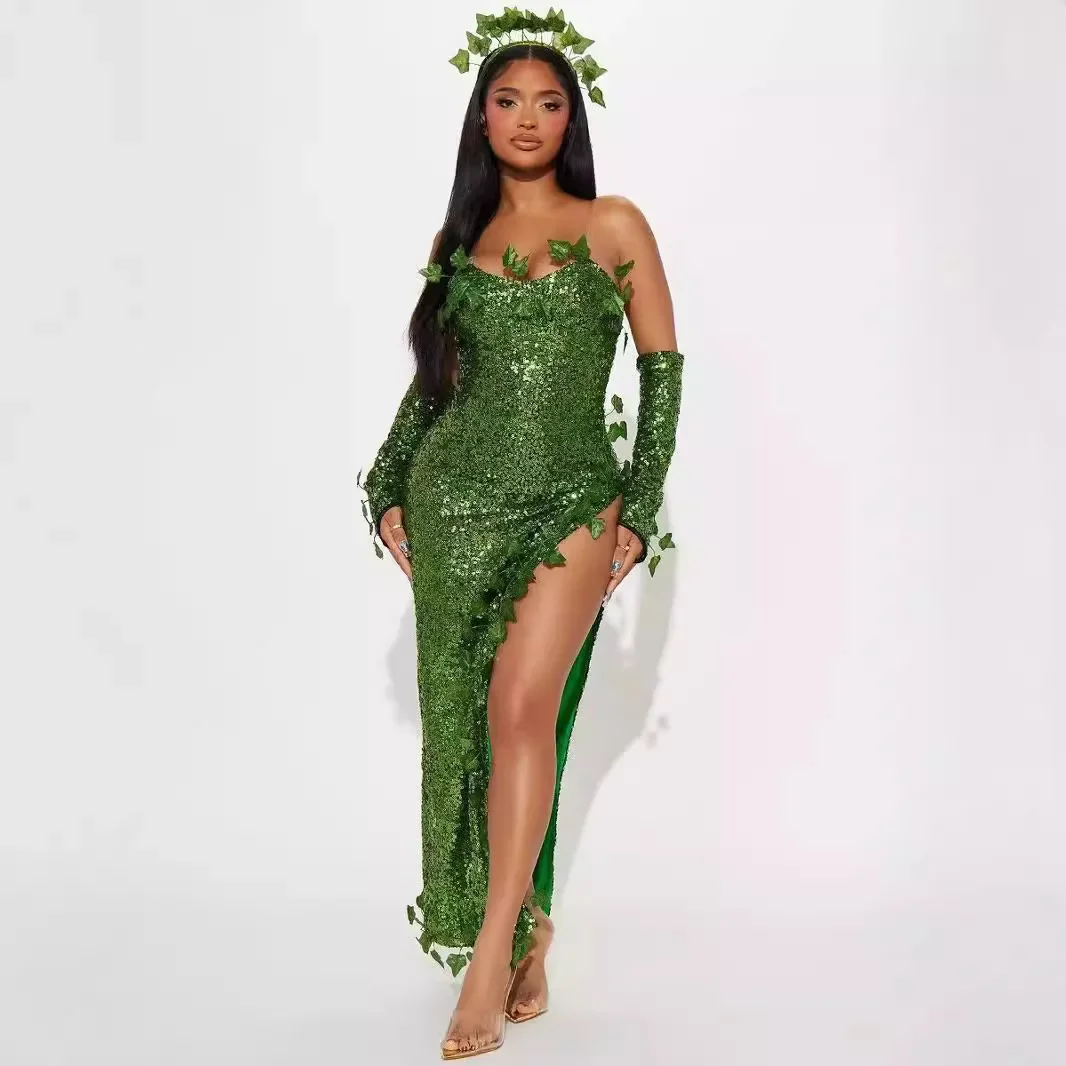 Sexy Halloween Costume Dress Sparkling Leaf Design Adult Dance Dress Mini Skirt V-Neck No Sleeve Polyester Fiber Empire Waist - Image 3