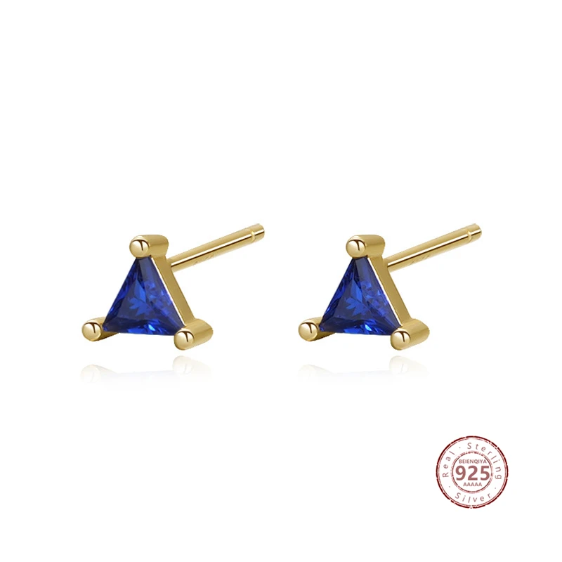 

925 Sterling Silver Geometric Triangle Blue Zircon Stud Earrings For Women Vintage 14K Gold Plated Fine Jewelry Accessory