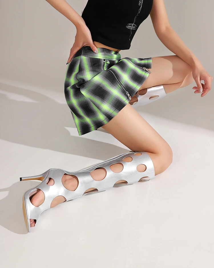 Plus Size Ultra-High Slim Heel Hollowed Circular Hole Back Zipper For Breathable Cool Knee Boots Roman Style Summer Sexy Boots