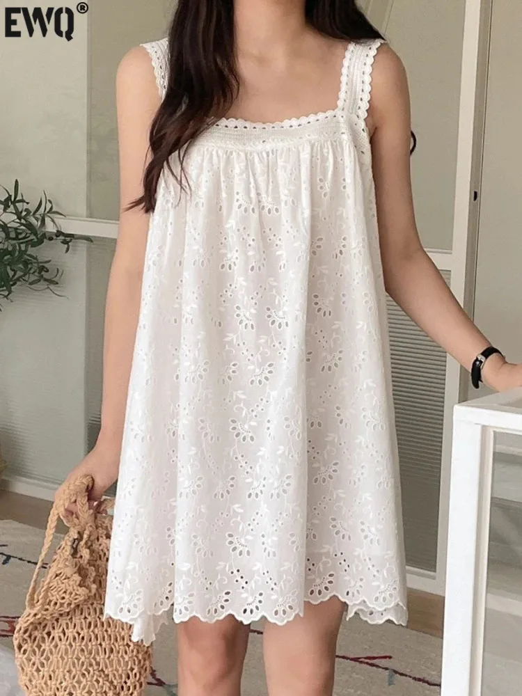 

[EWQ] Korean Female Dresses Embroidered Hook Flower Lace Patchwork Mid Length Sling Dress For Women 2024 Spring Summer 16U8934