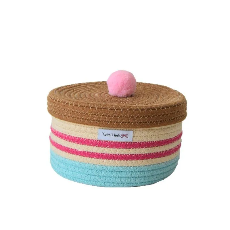 Cotton Tead Woven Storage Basket Cute Cartoon Design Covered Home Use Basket for Women Versatile Organizer for Various Items