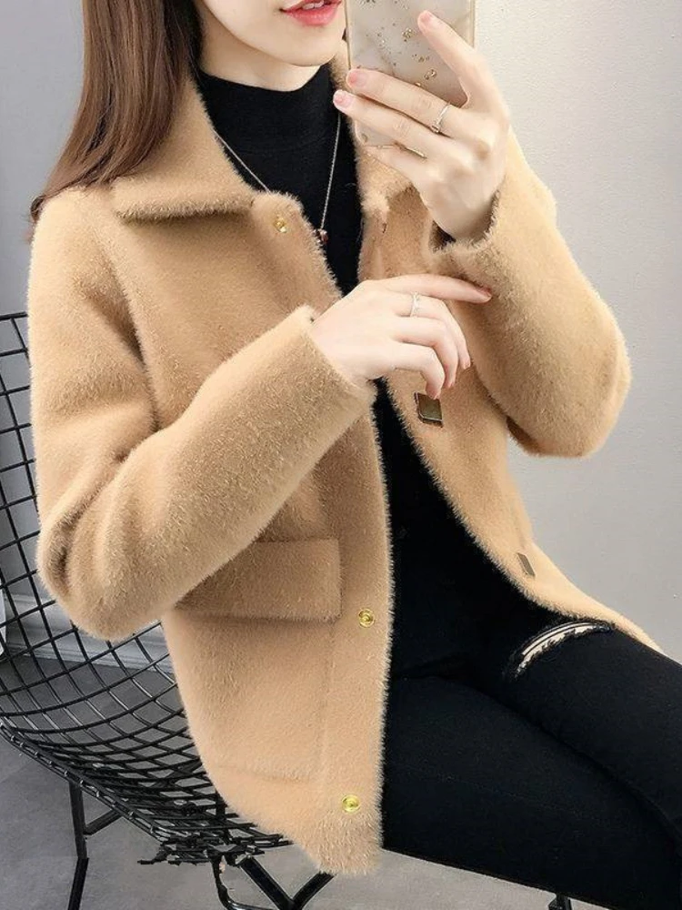 

New In 2023 Autumn Winter Knitted Cardigan Solid Short Fashion Imitation Mink Fleece Jackets Women Sweater Coat Women Clothes