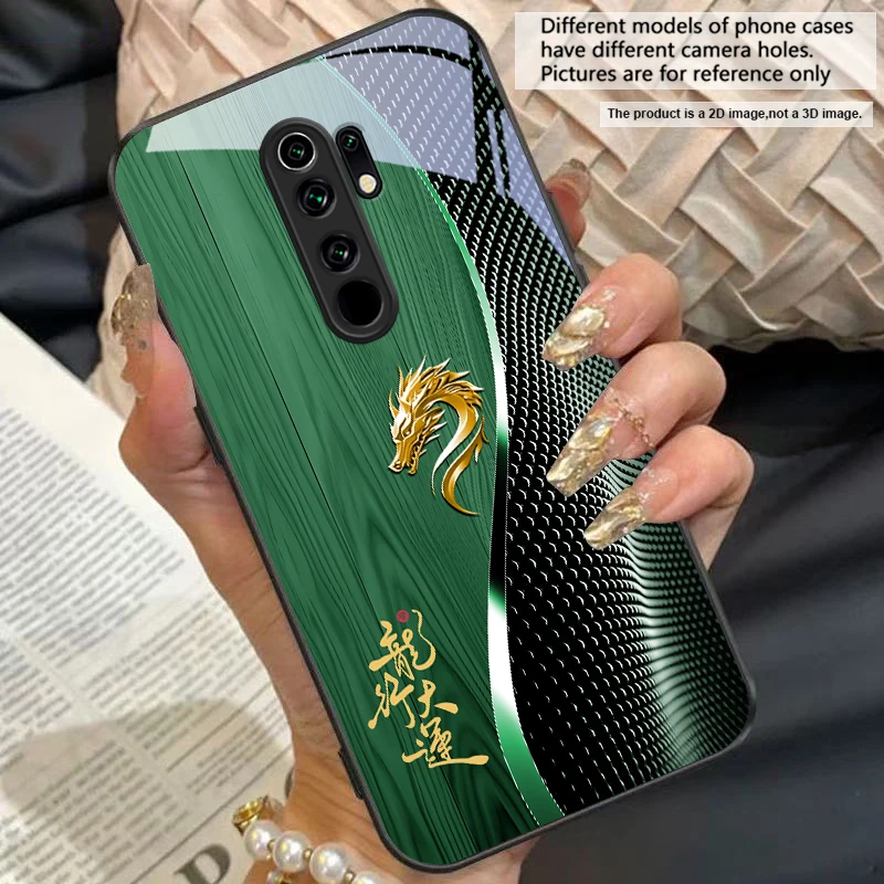 Elegant Black Tempered Glass Phone Case with Traditional Dragon Totem Design