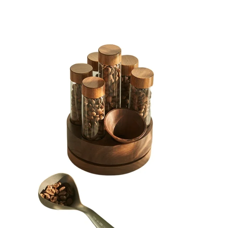 Walnut Glass Display Rack Coffee Bean Test Tube Sorting Bottle Miscellaneous Grain Sealed Jar Space Saving Kitchen Storage 6