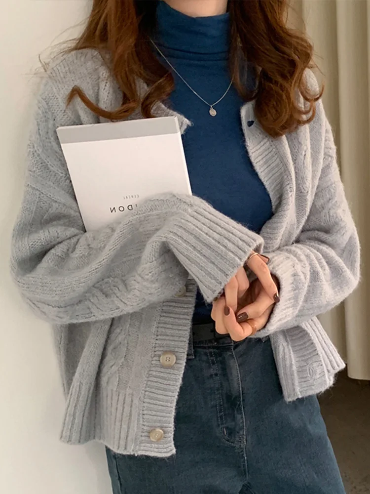 우아한 니트 가디건 스웨터 겉옷 여성용, 레트로 홍콩 스타일 느슨한 유휴 스타일 두꺼운 짧은 탑 가을 겨울