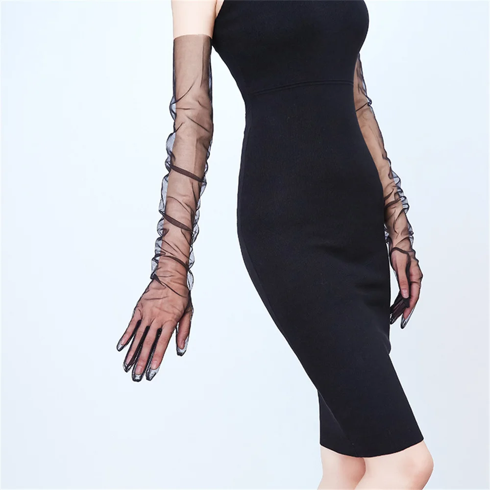 

Fashion Long Sheer Tulle Gloves Ultra Thin Stretchy Full Finger Mittens Mesh Elbow Wedding Bride Gloves Halloween Accessory