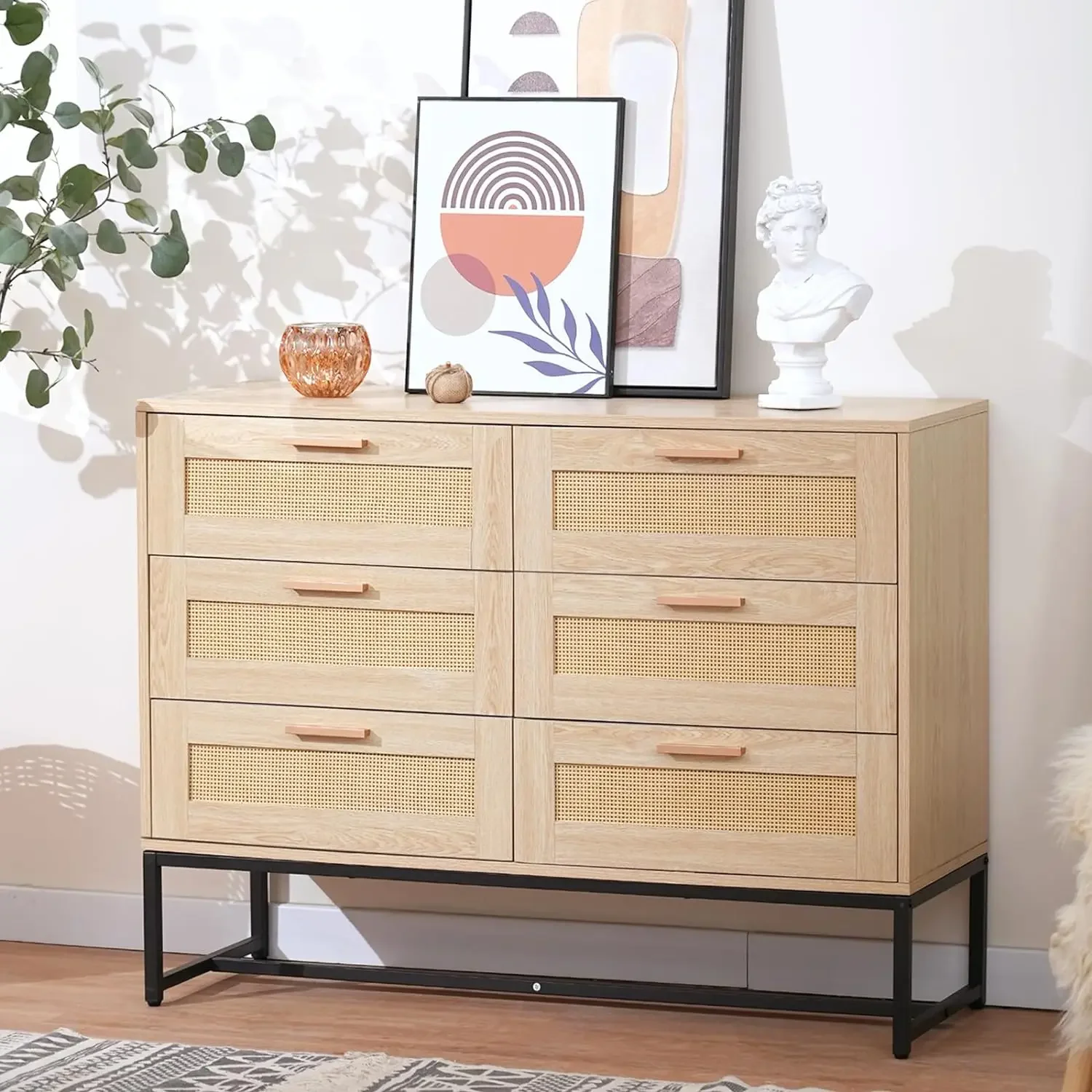 

CCF Rattan Dresser 6 Drawer for Bedroom Mid Century Modern Natural Rattan Chest of Drawer Light Wood B